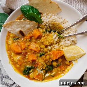 Spiced Chickpea Sweet Potato Lentil Delight 5 close up shot of Chickpea, Sweet Potato and Lentil Curry with naan, lemon wedge and spoons