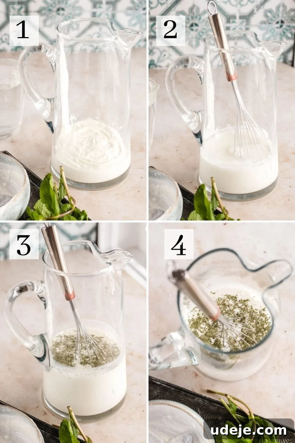 Whip Up Refreshing Turkish Ayran in Just 5 Minutes 4 Step by step pictures of how to make Ayran, a Turkish tangy yogurt drink. The process involves in mixing yogurt, water, salt and mint in a pitcher and mixing.
