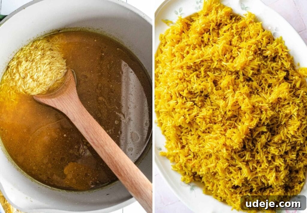 Yemeni Chicken Mandi with Fragrant Spiced Rice 13 The process of cooking yellow rice: first in a stock pot, then beautifully served on a white platter for presentation.