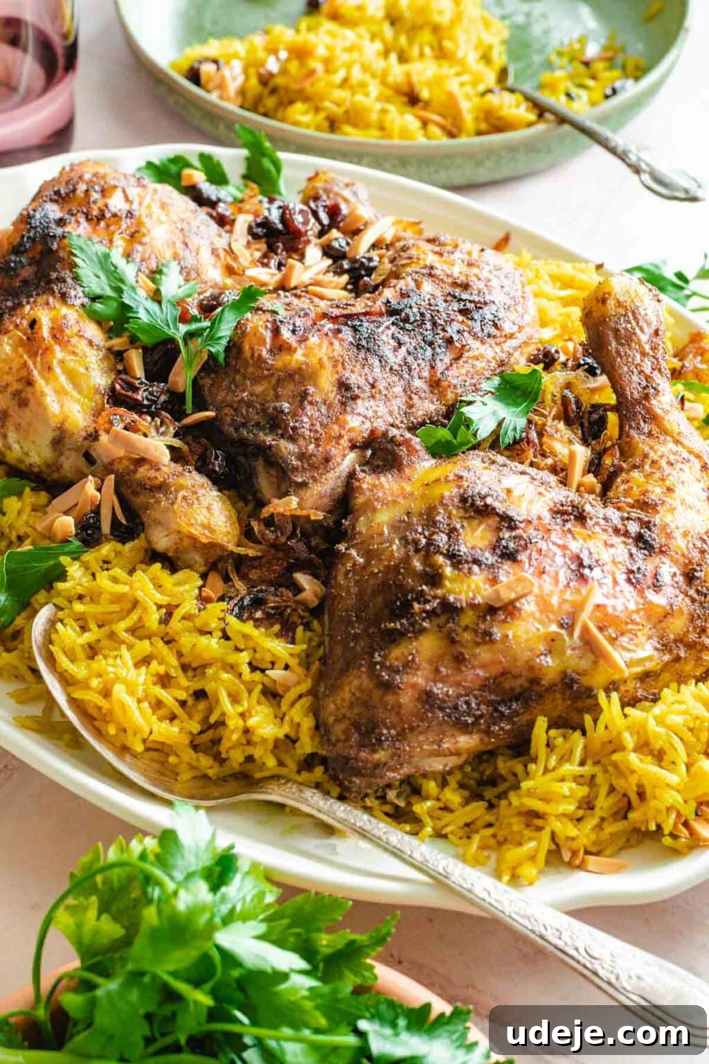 Yemeni Chicken Mandi with Fragrant Spiced Rice 14 Chicken and rice plated on a white ceramic platter topped with cilantro, almonds and raisins, with a green bowl and purple glass in the background. A beautifully presented Yemeni Chicken Mandi.
