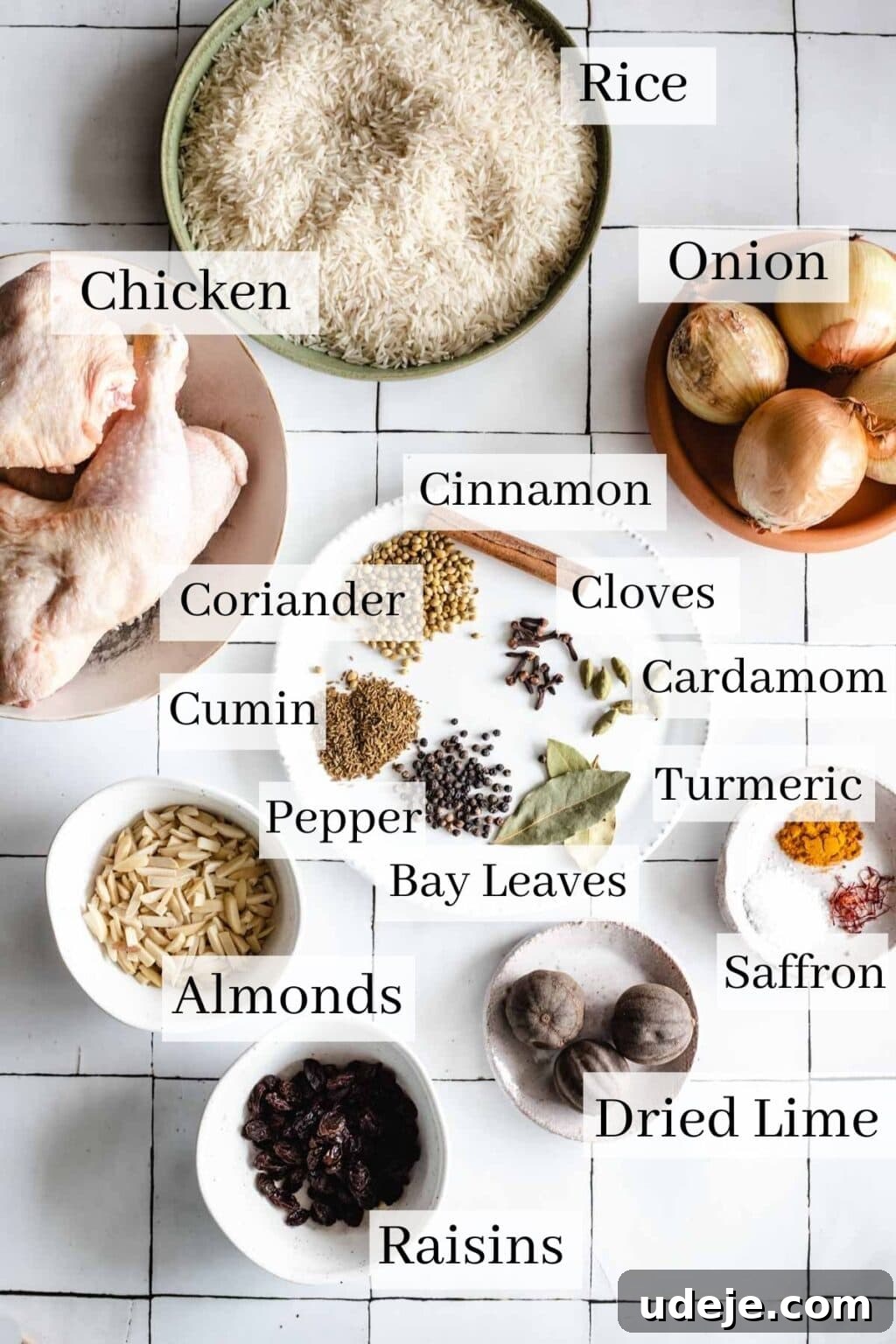 Yemeni Chicken Mandi with Fragrant Spiced Rice 4 A vibrant ingredient list for chicken mandi, showcasing rice, chicken, onions, almonds, dried lime, raisins, and various spices.