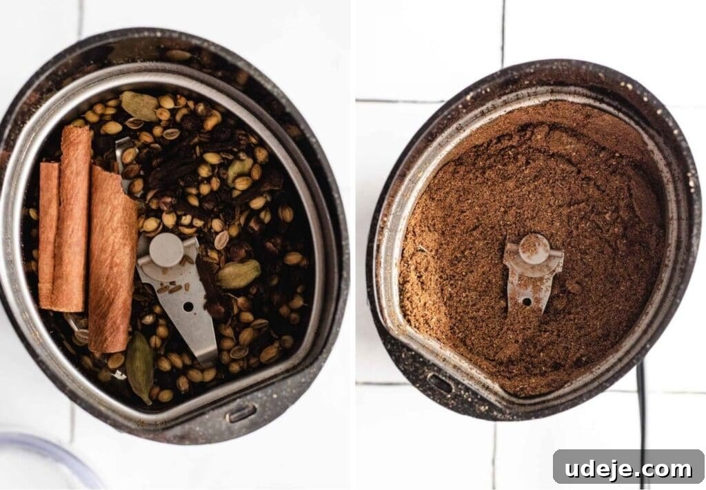 Yemeni Chicken Mandi with Fragrant Spiced Rice 6 Before and after comparison of spices blended in a coffee grinder, illustrating the transformation from whole seeds to fine powder.