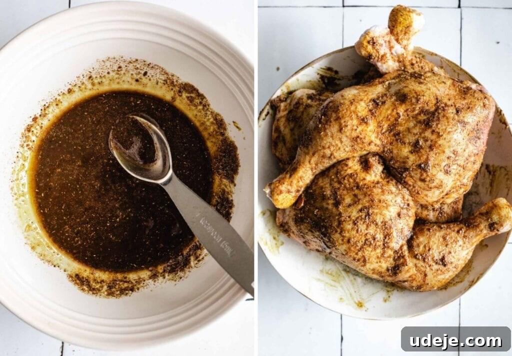 Yemeni Chicken Mandi with Fragrant Spiced Rice 7 Two sequential steps demonstrating chicken preparation: first, mixing spices in a white bowl with a measuring spoon, then carefully marinating chicken on a white platter.