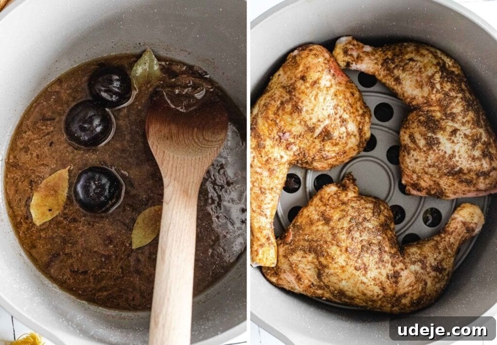 Yemeni Chicken Mandi with Fragrant Spiced Rice 10 Two-step visual guide for cooking chicken: first, the spice mix simmering in a stock pot, followed by marinated chicken carefully placed on a steamer rack above it.