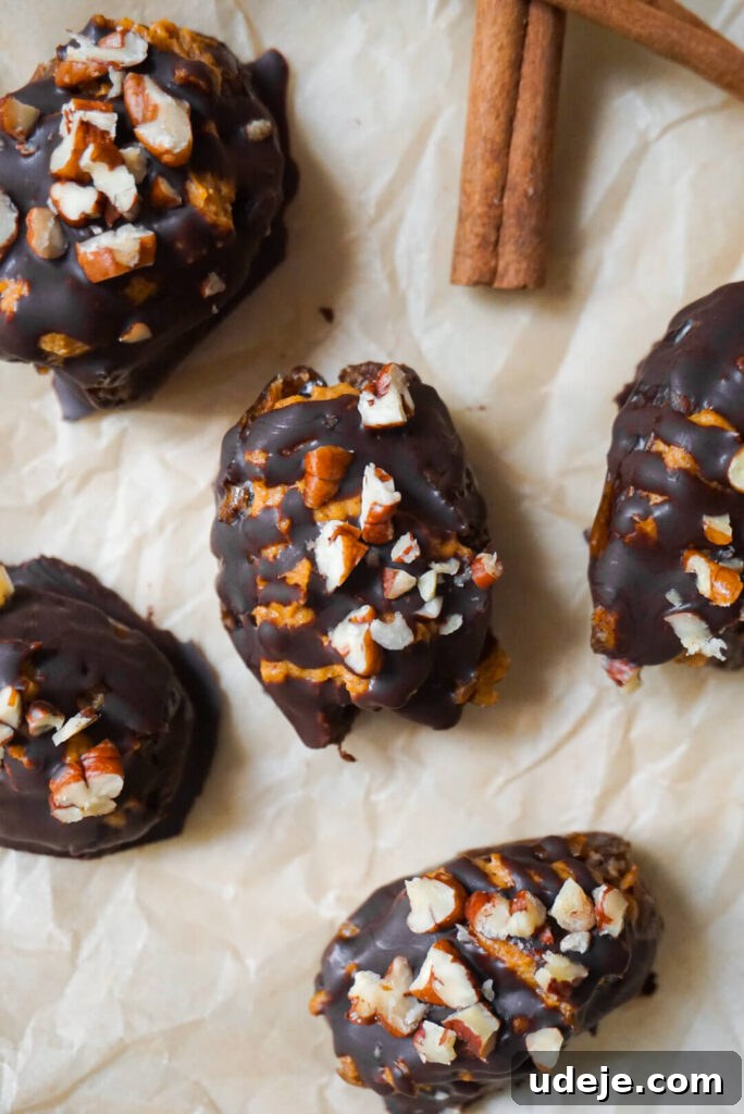 Pumpkin Spice Date Poppers 5 A plate of freshly prepared Pumpkin Stuffed Dates, drizzled with chocolate and topped with pecans, ready to be served as a delightful and healthy fall snack or dessert.