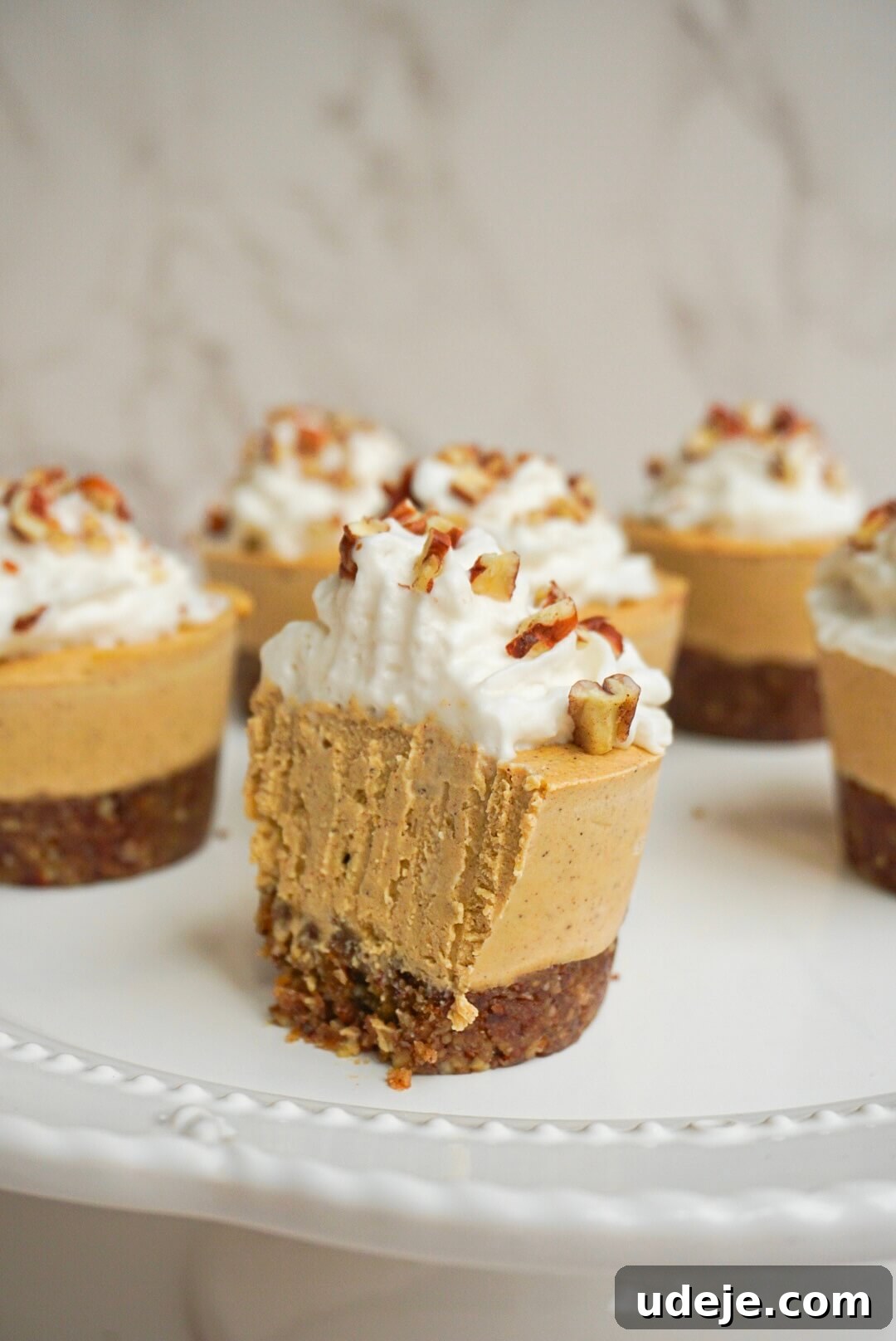 Creamy Vegan Pumpkin Cheesecake Minis 3 Close-up of a Mini Vegan Pumpkin Cheesecake with creamy filling, topped with whipped cream and pecans, showcasing its rich texture and festive appeal.