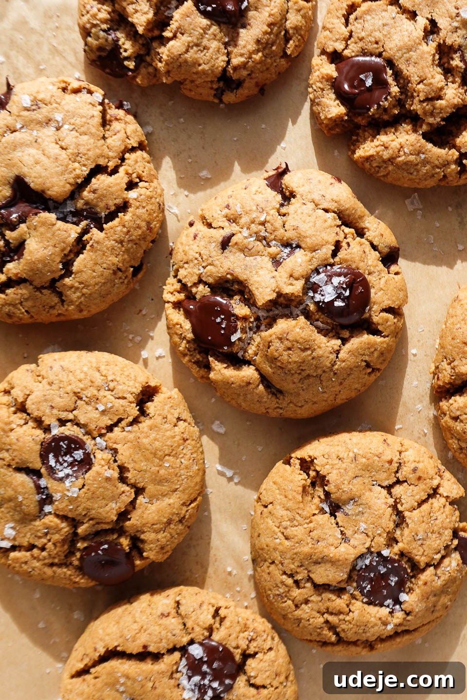 Melt-in-Your-Mouth Vegan Gluten-Free Chocolate Chip Cookies 2 Gluten-free and vegan chocolate chip cookies freshly baked on a baking sheet, sprinkled with flaky sea salt