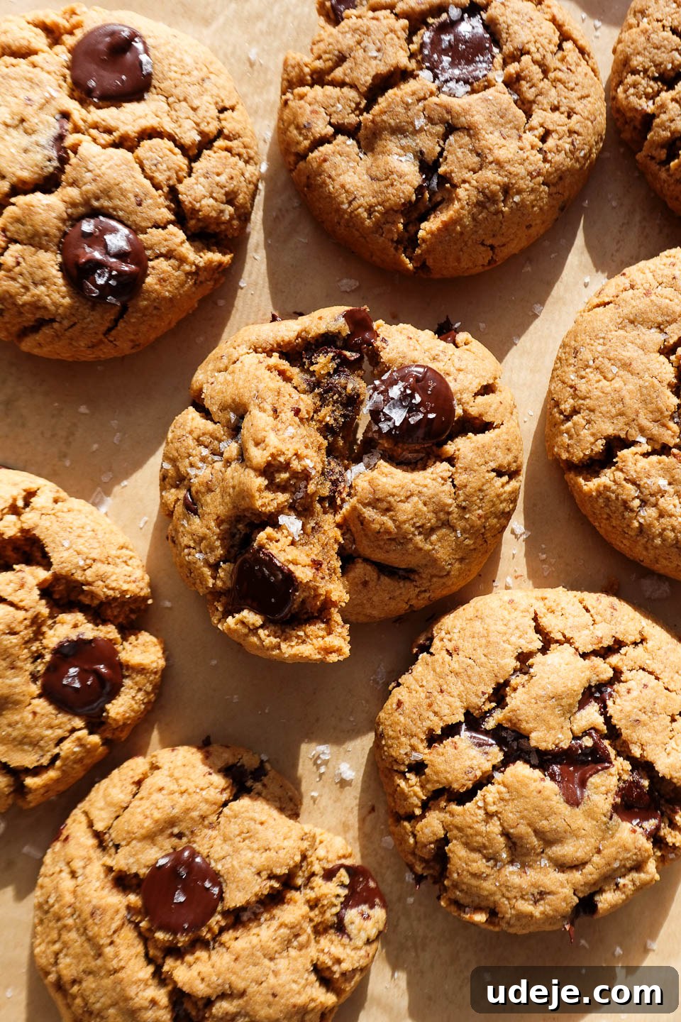 Melt-in-Your-Mouth Vegan Gluten-Free Chocolate Chip Cookies 12 Gluten-free and vegan chocolate chip cookies freshly baked on a baking sheet and sprinkled with flaky sea salt