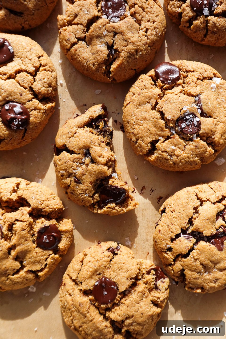 Melt-in-Your-Mouth Vegan Gluten-Free Chocolate Chip Cookies 13 Gluten-free and vegan chocolate chip cookies freshly baked on a baking sheet and sprinkled with flaky sea salt
