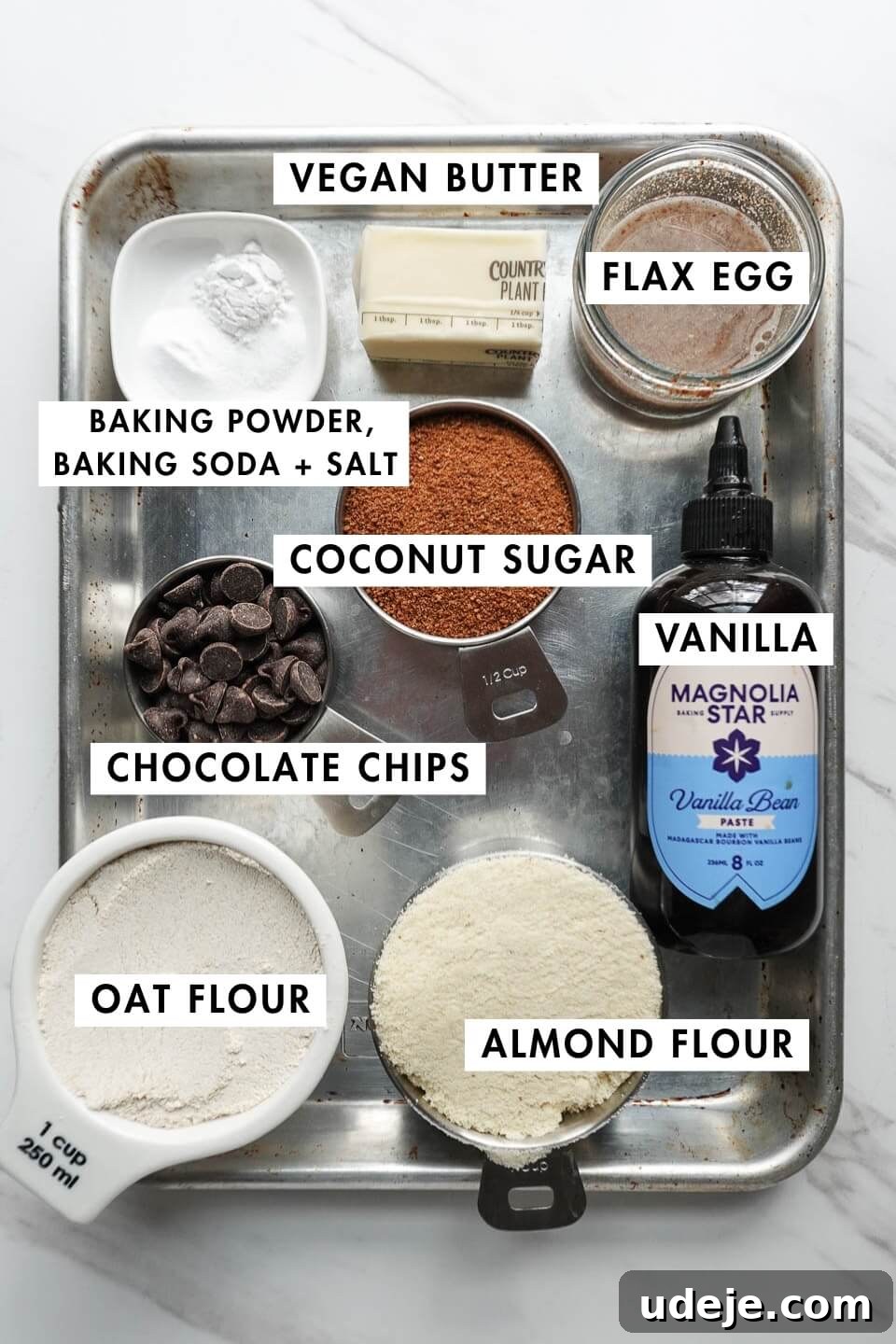 Melt-in-Your-Mouth Vegan Gluten-Free Chocolate Chip Cookies 7 Ingredients for vegan chocolate chip cookies laid out
