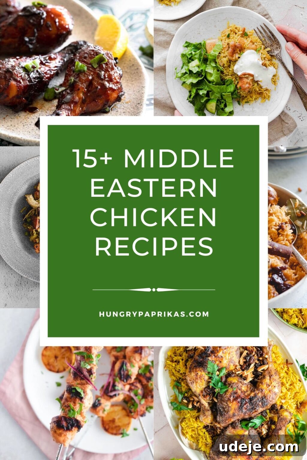 Beyond Shawarma: 15 Vibrant Middle Eastern Chicken Dishes 2 A collage of six vibrant Middle Eastern chicken dishes. A central green square with white text reads: "15+ Middle Eastern Chicken Recipes". The dishes include chicken with rice, grilled skewers, and baked chicken, showcasing the rich variety of cuisine beyond chicken shawarma.