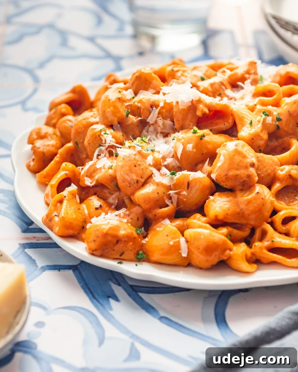 30-Minute One-Pot Creamy Pink Pasta 15 White scalloped plate with creamy orange pasta, sprinkled with grated parmesan and chopped parsley, with a water glass behind it and some white plates and forks with a small plate with a parmesan piece on it on a blue and white patterned tile.
