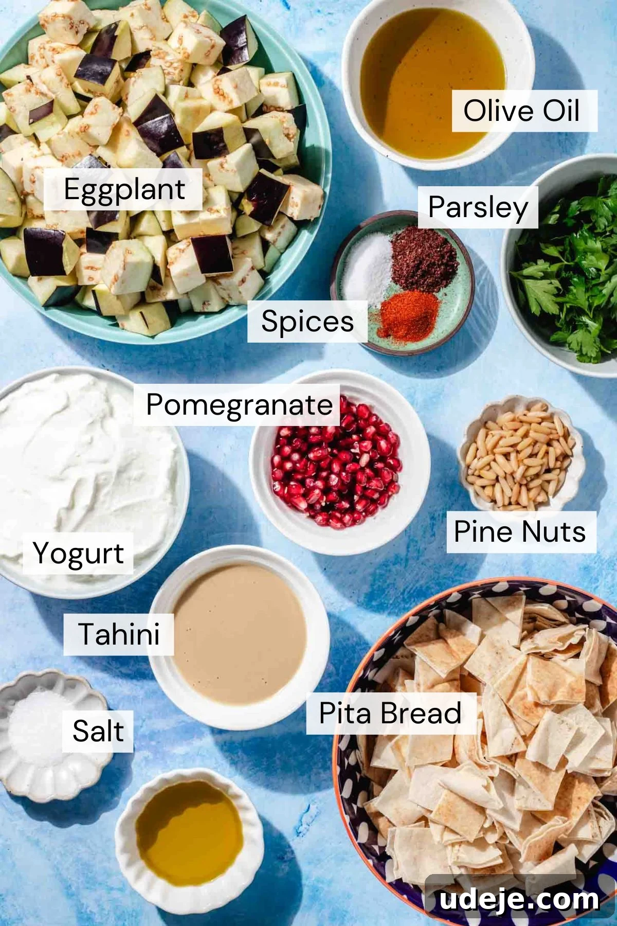 Mediterranean Eggplant Fatteh Delight 3 Ingredients for eggplant fatteh laid out, including pita chips, eggplant, yogurt, tahini, garlic, lemon, salt, sumac, paprika, pine nuts, pomegranate seeds, and parsley.