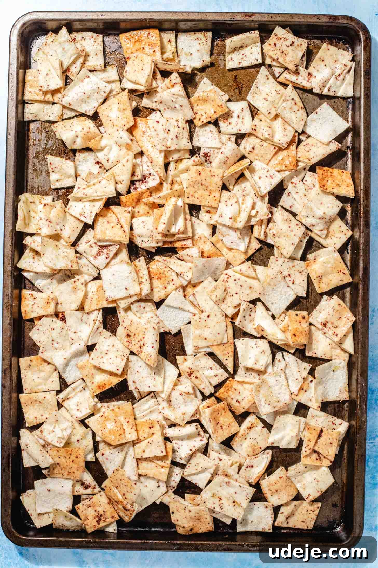 Mediterranean Eggplant Fatteh Delight 6 Seasoned pita chips cut into small squares, arranged in a flat layer on a sheet pan.