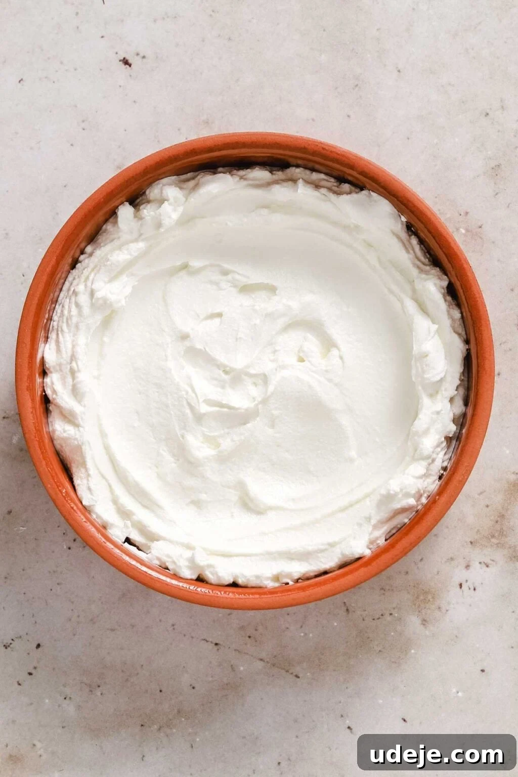 Orange-brown bowl with labneh spread inside