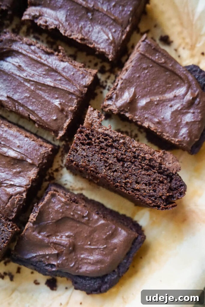Close-up of a slice of healthy chocolate snack cake, showing its moist texture and rich frosting.