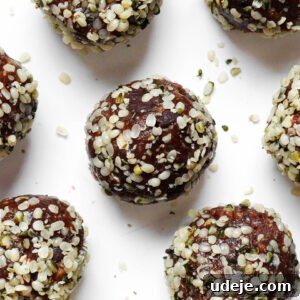 Peanut Butter Date Power Bites 6 A close-up of a stack of Peanut Butter Date Energy Balls, lightly coated in hemp seeds, ready to be enjoyed as a healthy snack.