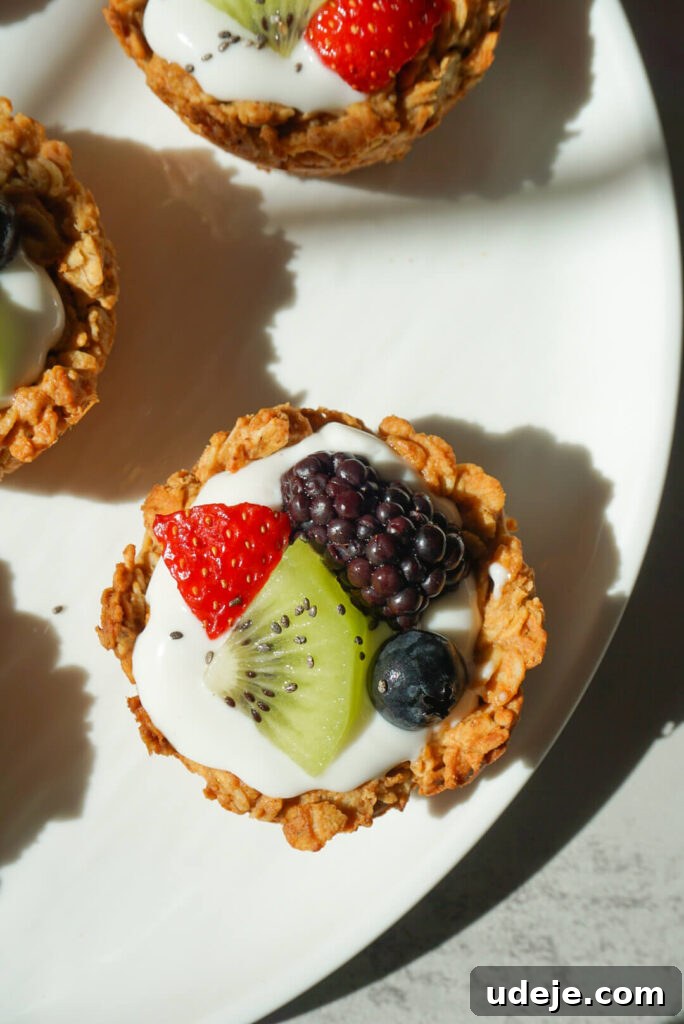 Effortless Granola Yogurt Treats 7 Two beautifully plated granola yogurt cups, one topped with fresh blackberries and blueberries, and the other with sliced strawberries and kiwi, both garnished with chia seeds.