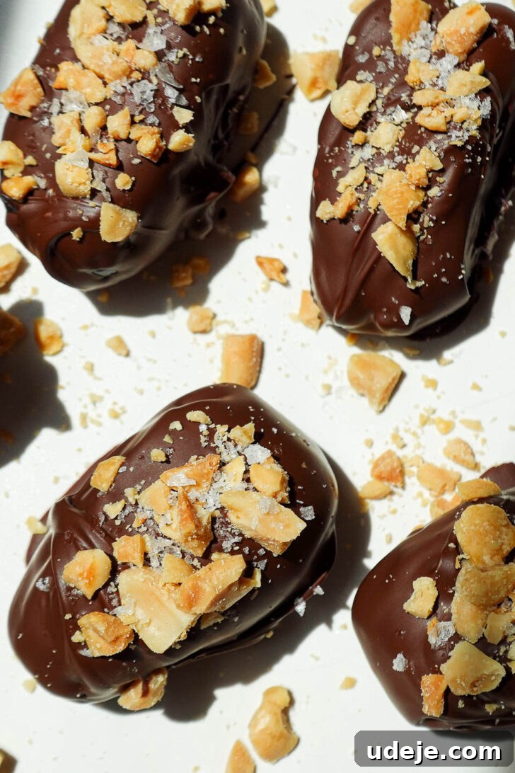 Snickers Date Bombs 8 Overhead shot of freshly made Snickers Stuffed Dates on a parchment-lined tray, dipped in chocolate and generously sprinkled with chopped peanuts.