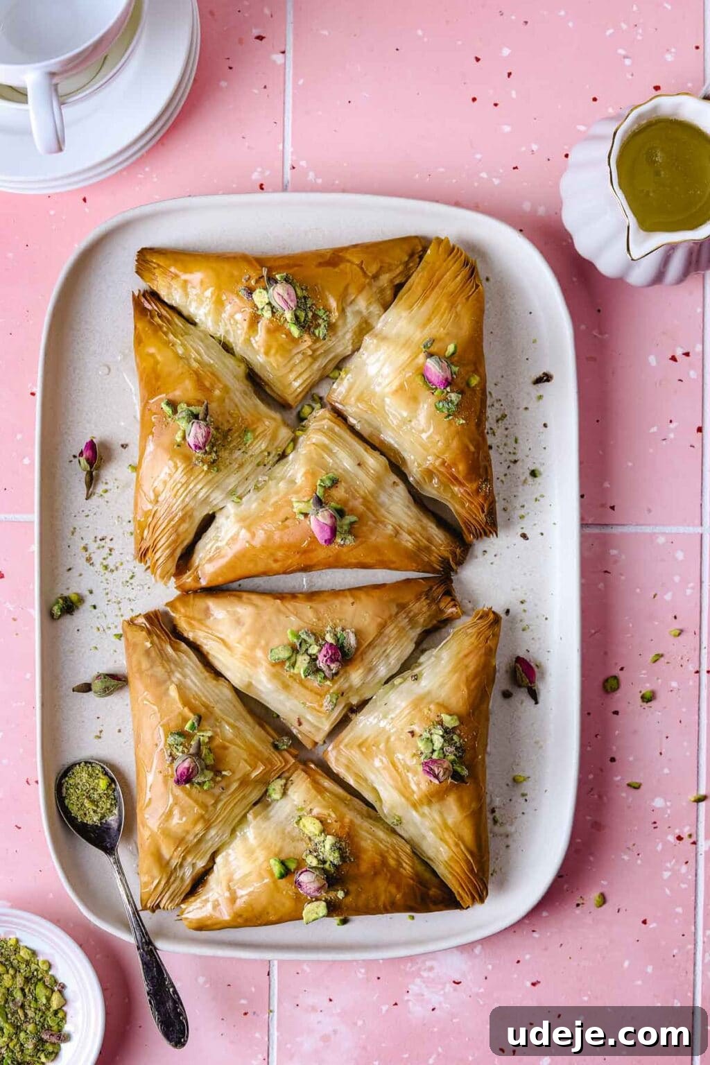 Two squares of Warbat pastries on a rectangular white plate, garnished with crushed pistachios and delicate rose petals. A small spoon and a bowl of pistachios are in the corner, with a teacup, saucers, and sugar syrup pitcher in the background on a bright pink tiled surface.