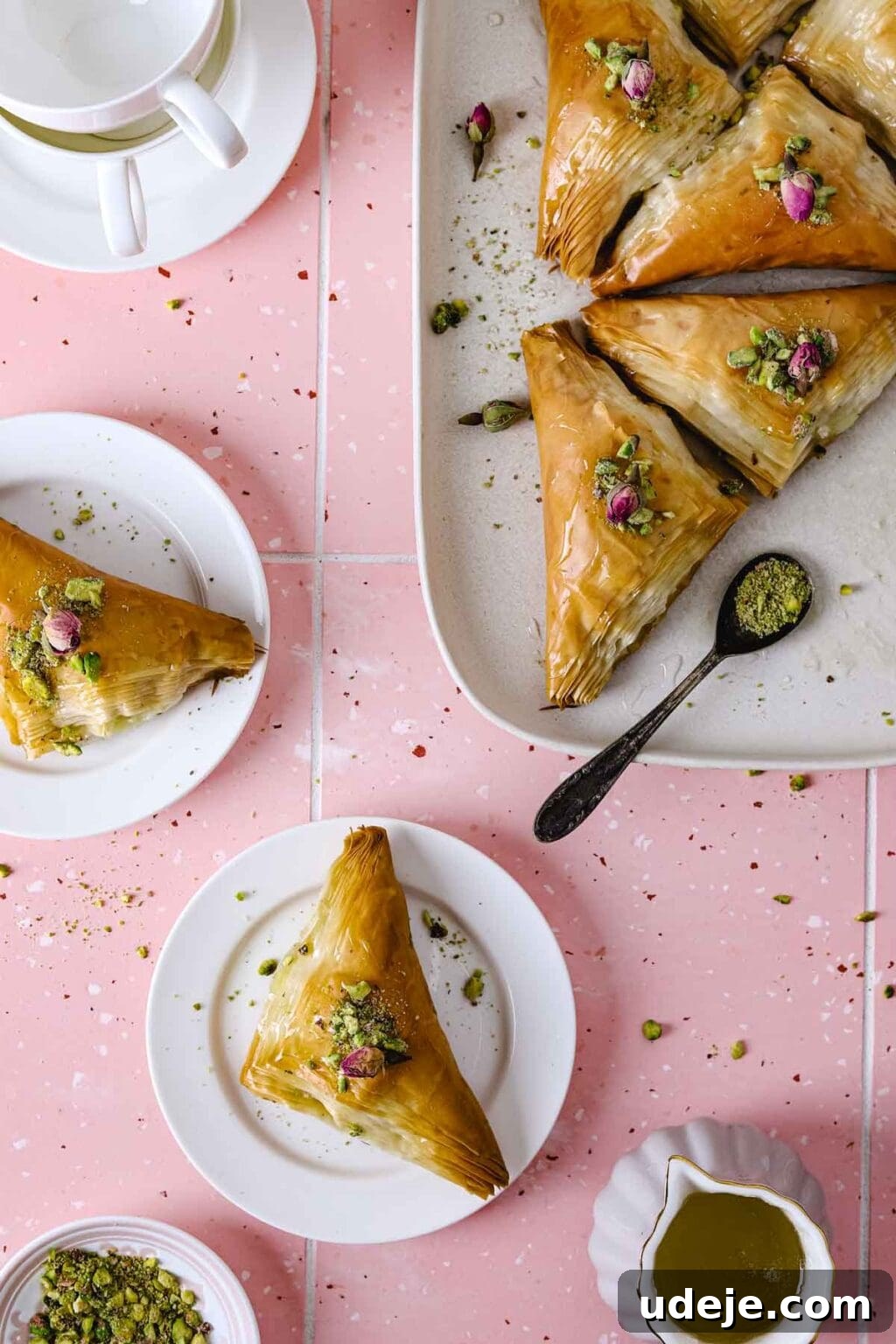 Warbat pastries beautifully arranged on a rectangular white plate, garnished with crushed pistachios and delicate rose petals. A small spoon and two smaller plates with Warbat, along with a bowl of pistachios, a teacup and saucers, and a pitcher of sugar syrup, are displayed on a bright pink tiled background.