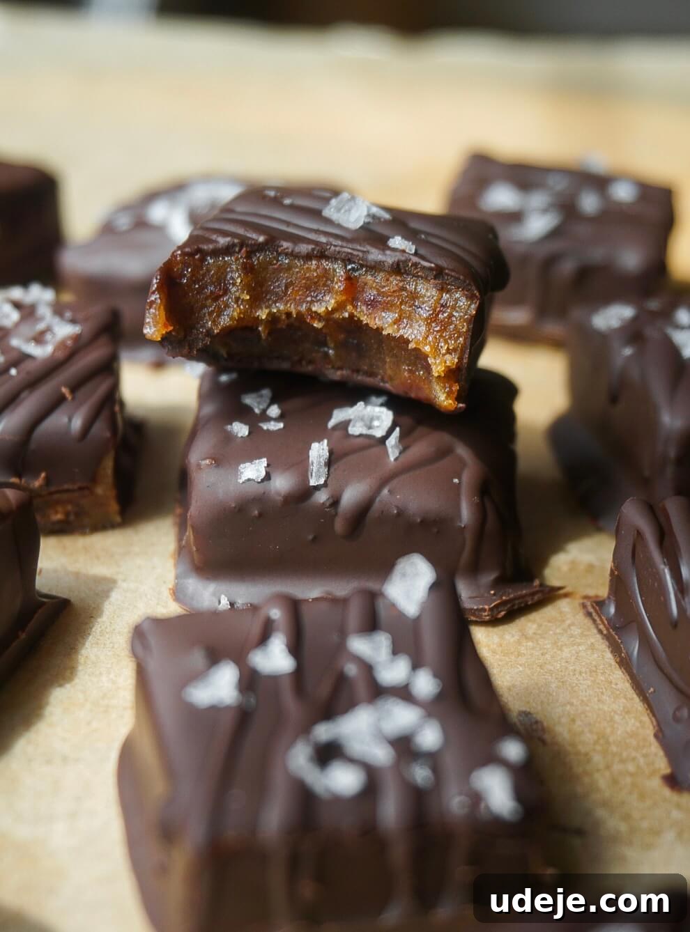 Decadent Five-Ingredient Chocolate Date Chews 2 Gooey Chocolate Date Caramels: Smooth, creamy, and made with just 5 simple ingredients for a healthier, refined sugar-free treat.