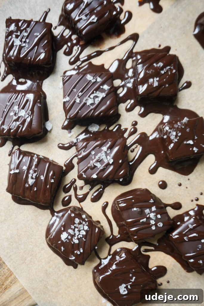 Decadent Five-Ingredient Chocolate Date Chews 5 A close-up of the delicious, gooey date caramel mixture before being cut and dipped in chocolate.