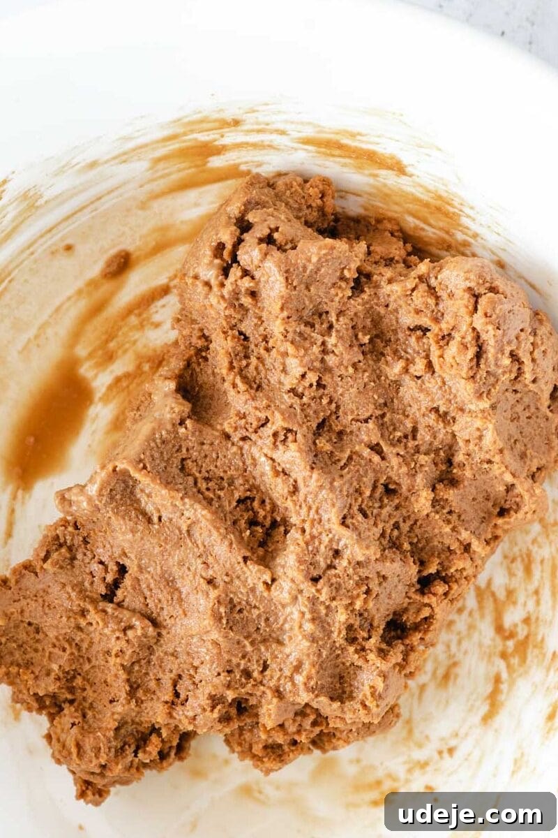 4-Ingredient No-Bake Biscoff Truffles 9 Smooth Biscoff truffle dough, perfectly mixed with espresso, presented in a pristine white bowl on a light marbled background.