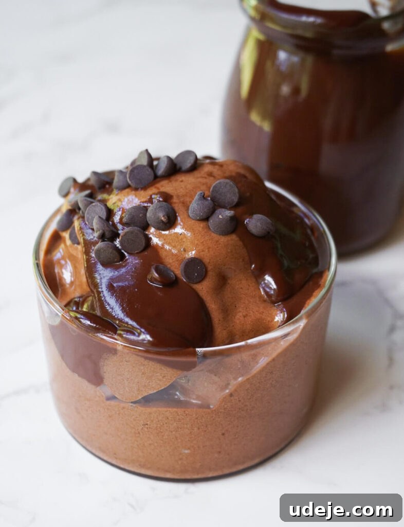 Effortless Chocolate Bliss 2 A bowl of rich chocolate nice cream topped with hot fudge and sprinkles.