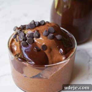 Effortless Chocolate Bliss 3 A close-up shot of creamy chocolate nice cream with hot fudge