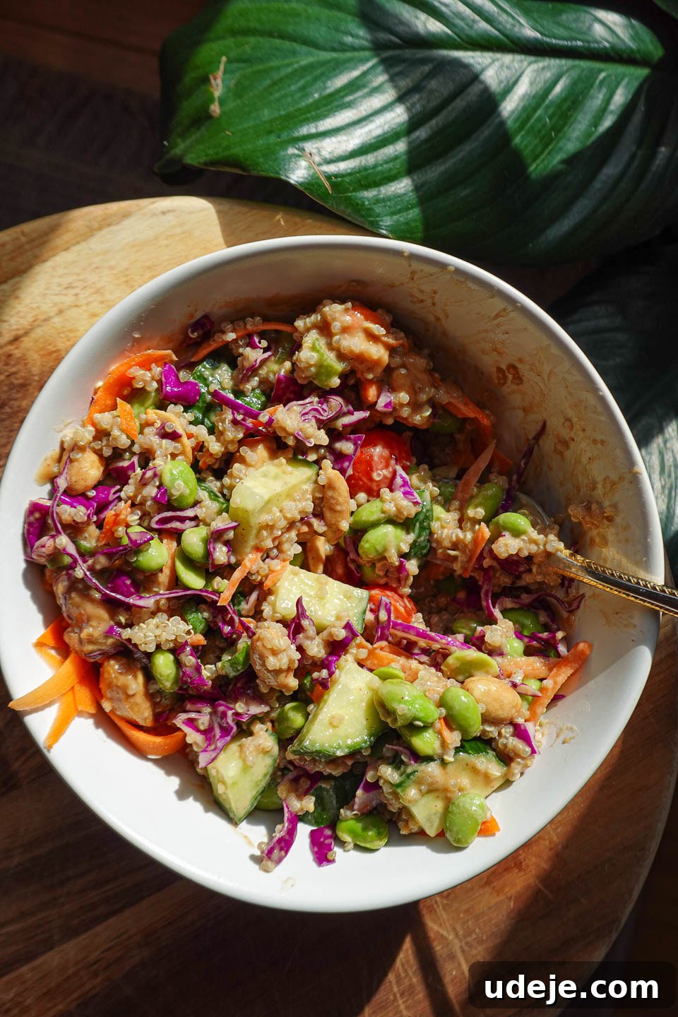 Crispy Thai Quinoa Salad with Peanut Ginger Dressing 4 Full bowl of Crunchy Thai Quinoa Salad with a spoon, highlighting its vibrant colors and textures.