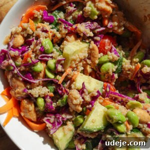 Crispy Thai Quinoa Salad with Peanut Ginger Dressing 5 close up of vegan dish: Crunchy thai quinoa salad in a bowl