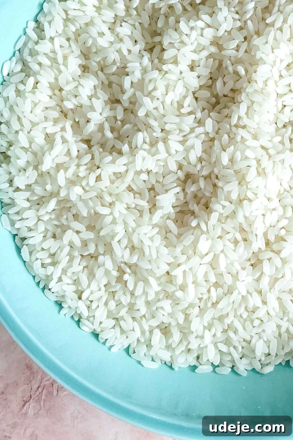 Egyptian Cloud Rice 3 uncooked medium grain rice in a teal bowl