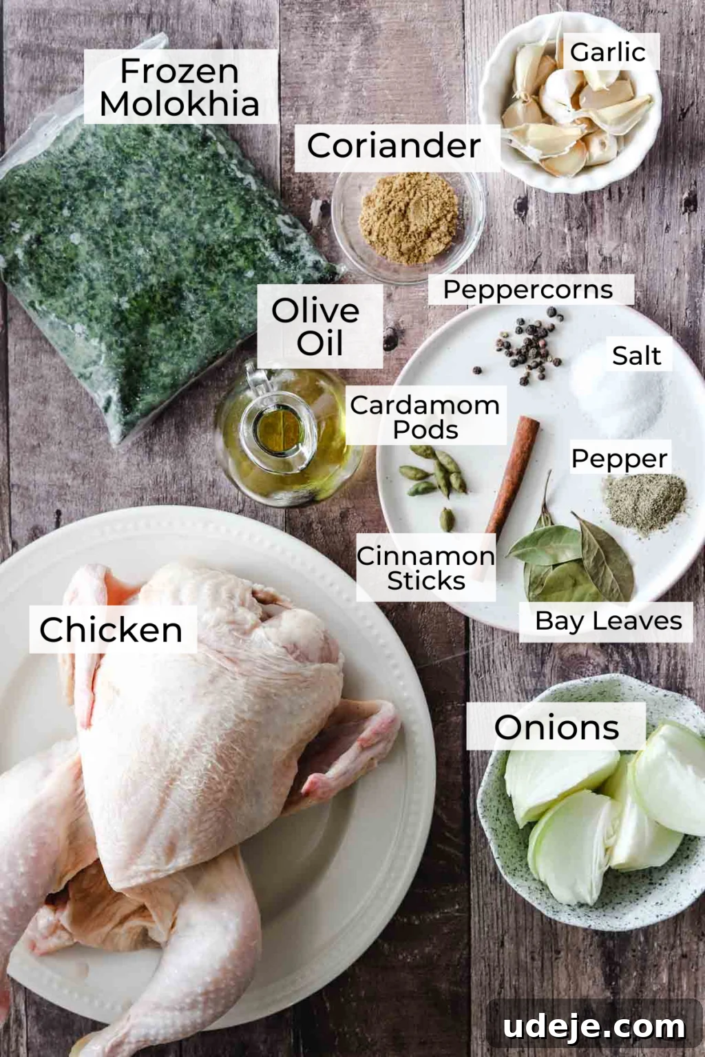 Molokhia: A Timeless Tradition 5 Ingredients for Molokhia laid out: frozen molokhia, fresh coriander, garlic cloves, olive oil, whole peppercorns, cardamom pods, cinnamon sticks, salt, black pepper, bay leaves, a whole chicken, and quartered onions on a wooden backdrop.