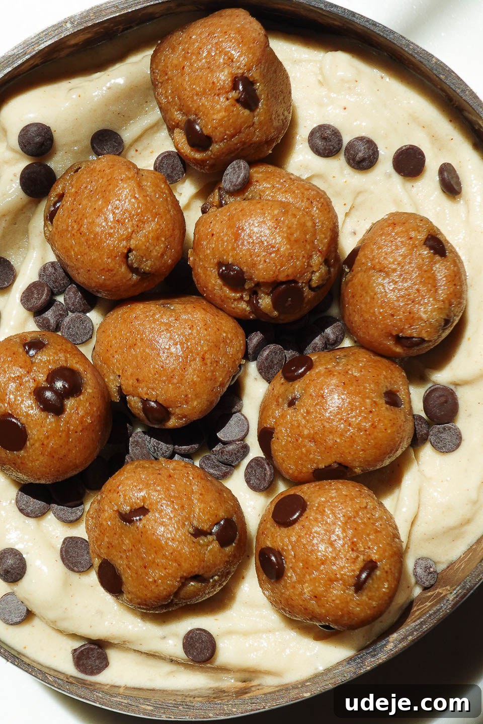 Wholesome Vegan Cookie Dough Bliss 5 Creamy texture of banana nice cream with chunks of edible cookie dough throughout