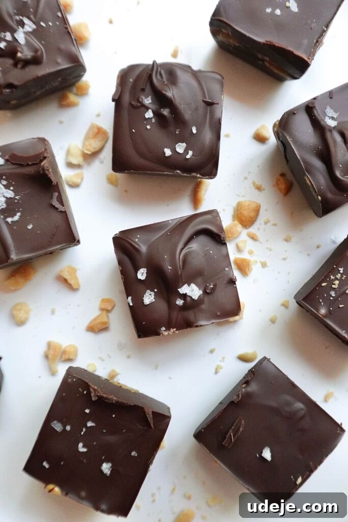 Guilt Free Four Ingredient Snickers Inspired Bites 6 Close-up of a finished Healthy Snickers Bite, showcasing the chocolate coating and inner layers.