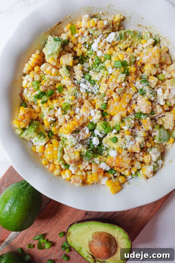 Vegan Esquites Salad 3 Close-up of the finished vegan Mexican street corn salad with creamy dressing.