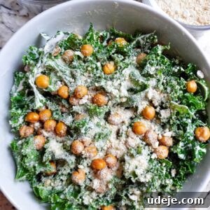 Delicious Vegan Kale Caesar Salad with crispy chickpeas and cashew parmesan.