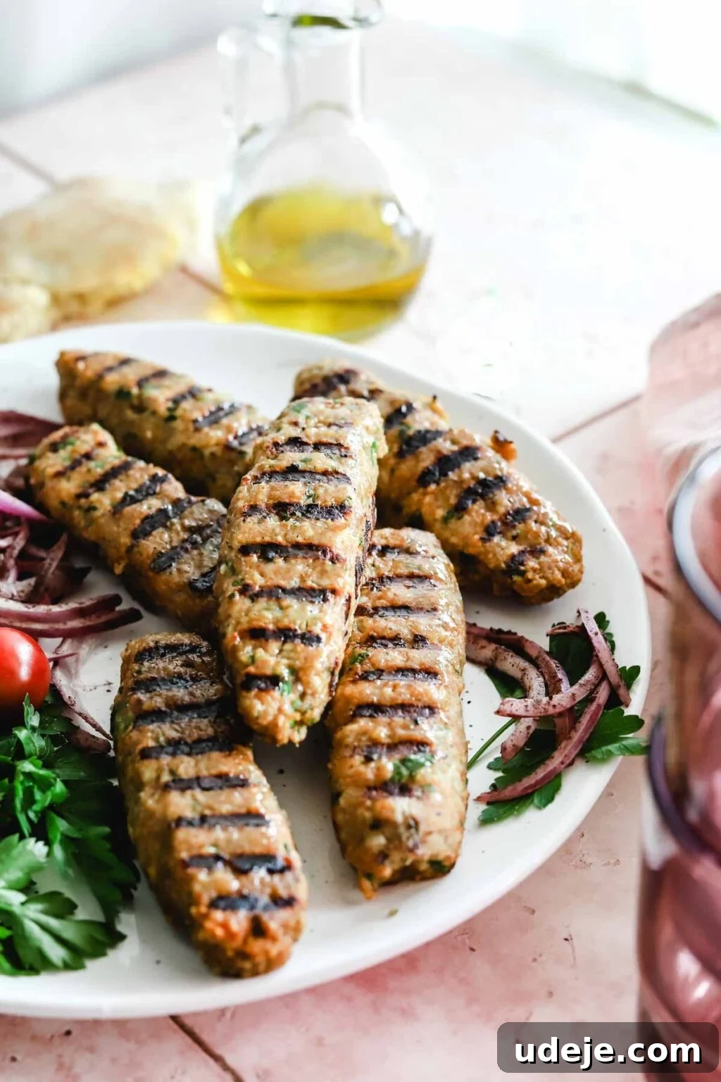 Speedy Chicken Kofta: Grill or Skillet in 20 Minutes 3 Grilled chicken kofta, beautifully marked from the grill, presented on a pristine white plate alongside thinly sliced red onions, vibrant cherry tomatoes, and a sprinkle of fresh parsley.