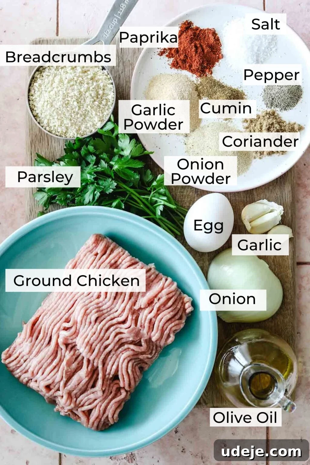 Speedy Chicken Kofta: Grill or Skillet in 20 Minutes 4 A vibrant flat lay of essential Chicken Kofta ingredients: fresh ground chicken, crispy breadcrumbs, bright green parsley, a single egg, diced onion, minced garlic, a bottle of olive oil, and an array of labeled spices including paprika, salt, pepper, cumin, coriander, garlic powder, and onion powder.
