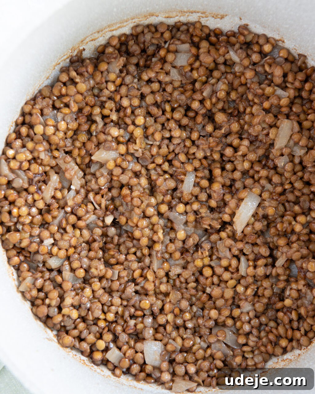 Egypt's Koshari: A Hearty Blend of Rice, Lentils and Pasta 11 cooked brown lentils with onion in a light coloured pot