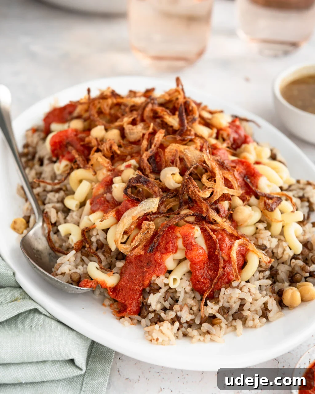 Egypt's Koshari: A Hearty Blend of Rice, Lentils and Pasta 25 Cooked rice and lentils with macaroni, spiced chickpeas, fried onions and tomato sauce on top on a white platter with a green towel at the side and a serving spoon, a bowl of tomato sauce and a bowl of dukkah and glasses of water at the back on a light coloured background