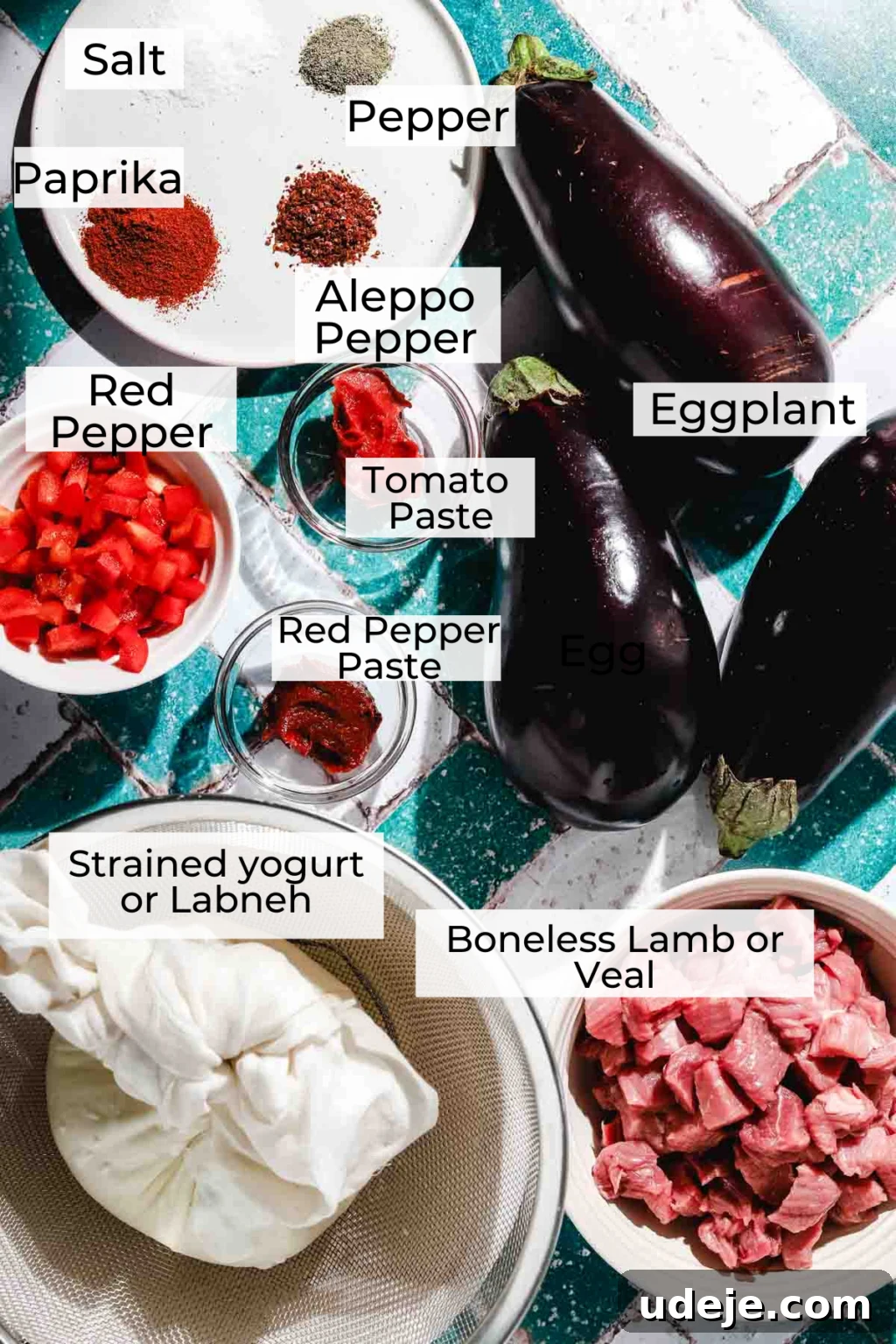 Ali Nazik Smoky Eggplant and Lamb Stew 3 Ingredients for Ali Nazik including eggplants, spices, chopped red pepper, tomato paste, red pepper paste, strained yogurt, and boneless lamb or veal