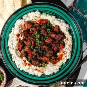 Eggplant and yogurt mixture in a teal and black bowl topped with cooked lamb or veal and red peppers and parsley on a black round tray with flat bread to the side, a metal spon to the side and small bowls with cracked pepper and parsley on a teal and white background