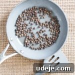 light grey skillet with whole allspice with a light grey spatula beside the skillet on a light beige woven background