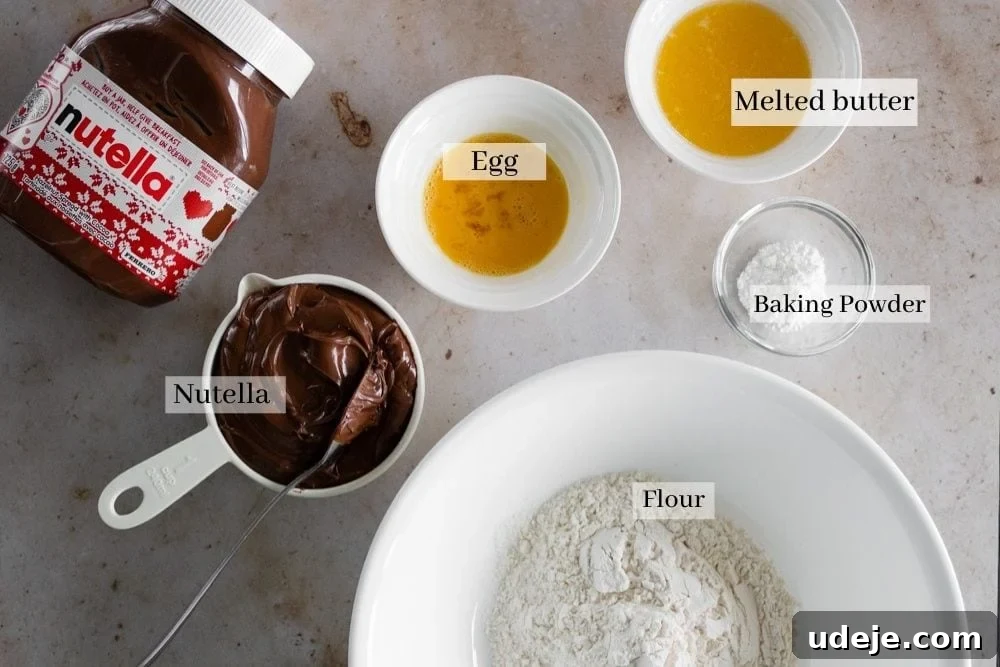 Nutella Cookie Bliss in 15 Minutes 3 Ingredients for Nutella cookies, which are Nutella, egg, melted butter, baking powder and flour
