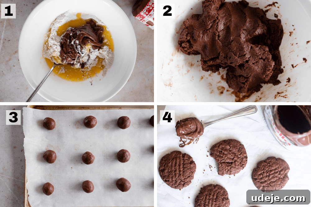Nutella Cookie Bliss in 15 Minutes 4 Process steps for making Nutella cookies. Start by mixing flour, egg, melted butter, baking powder and Nutella in a bowl. Mix until cookie dough forms. Shape into balls and place on a baking sheet. Bake cookies.