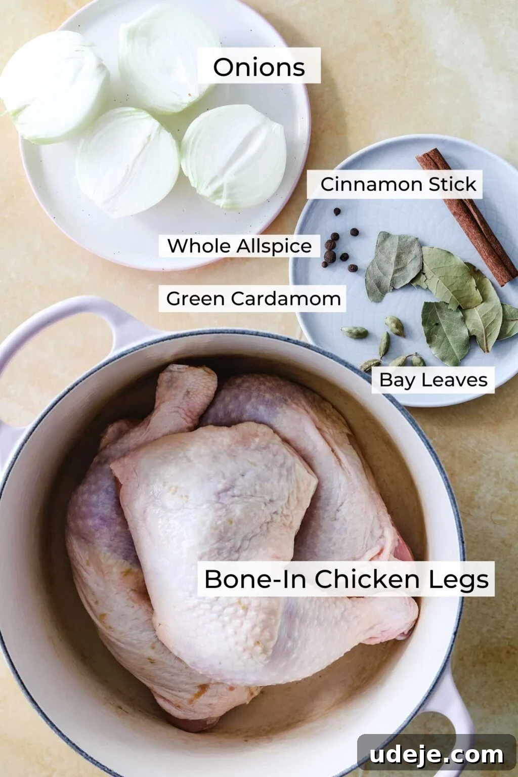 Sumac-Spiced Chicken Musakhan Crisps 5 Ingredient shot for chicken broth including raw bone-in chicken legs, cinnamon stick, green cardamom, whole allspice, bay leaves, and yellow onions, all essential for rich, homemade flavor.