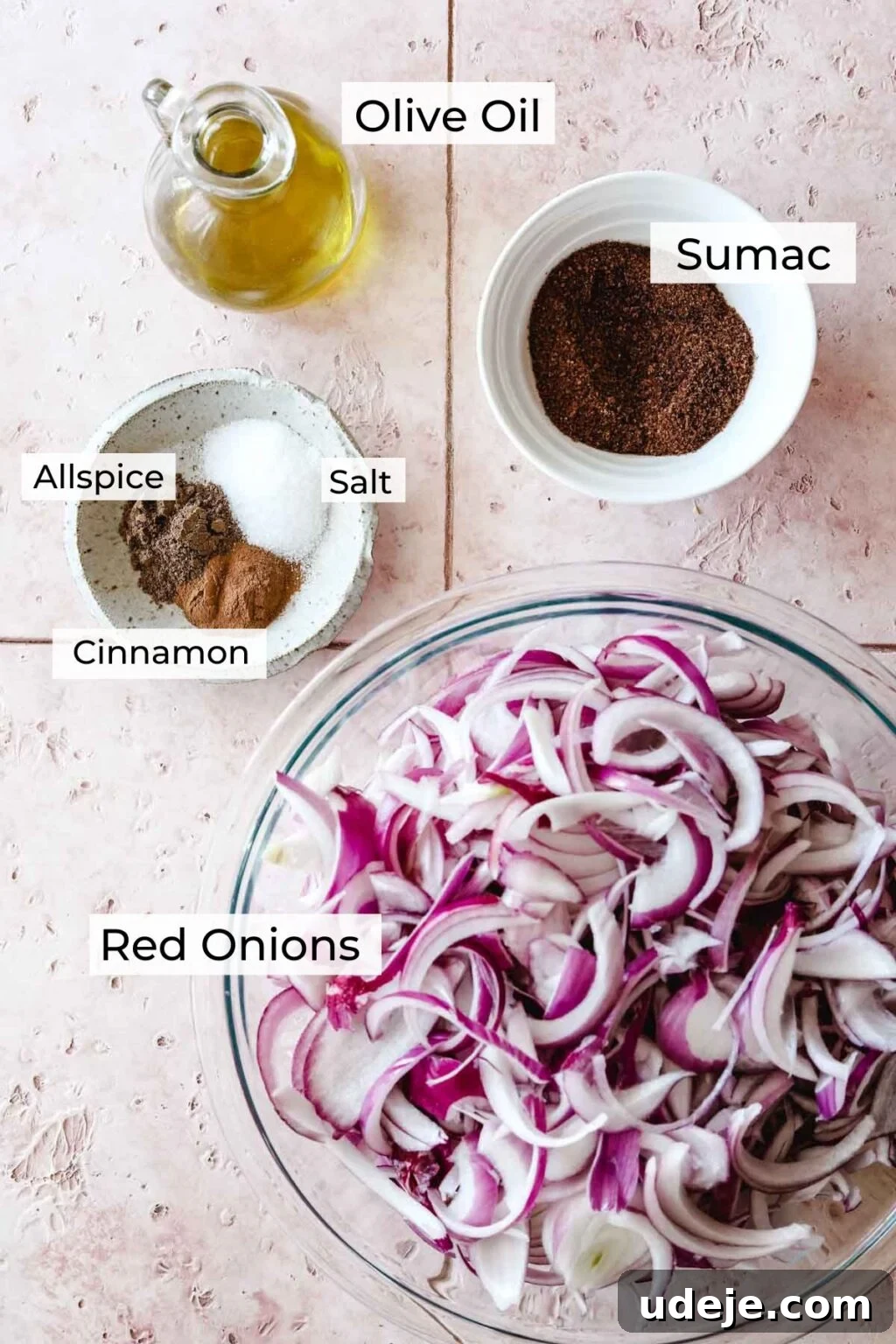 Sumac-Spiced Chicken Musakhan Crisps 6 Ingredient shot for musakhan including red onions, olive oil, sumac, salt, allspice and cinnamon, laid out on a light surface.