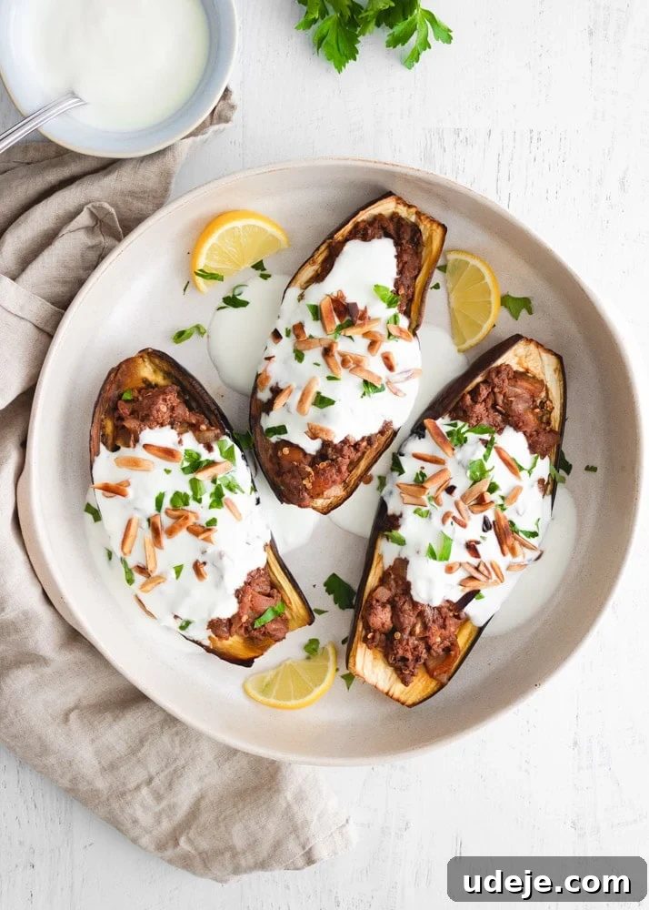 Savory Stuffed Eggplant Bake 2 Eggplant boats drizzled with yogurt, placed on a plate